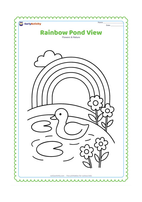 Colouring page: Draw a large rainbow over a small pond with two big lily pads, one simple water bird and a rounded bank. Add a cloud and a few large flowers beside the water.
