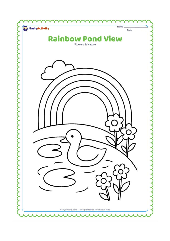 Colouring page: Draw a large rainbow over a small pond with two big lily pads, one simple water bird and a rounded bank. Add a cloud and a few large flowers beside the water.