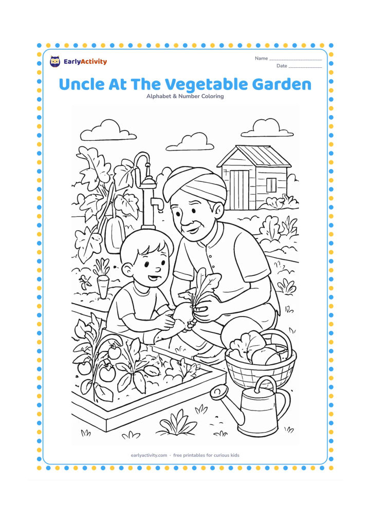Colouring page: Draw an uncle teaching a child to harvest vegetables in an Indian kitchen garden. Include raised beds, gourds, leafy plants, a watering can, a woven basket, a small shed and a hand pump.