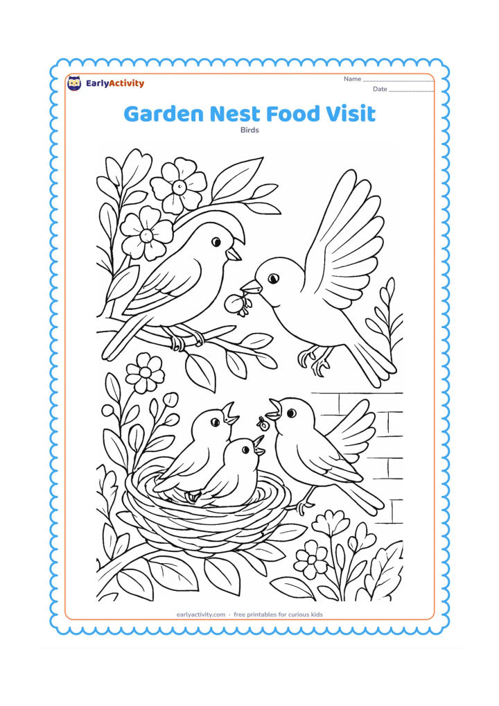 Colouring page: A parent bird arrives at a nest with a berry and small insect for three chicks, while another parent watches from a flowering garden branch. Include layered flowers, leaves, twigs and a…