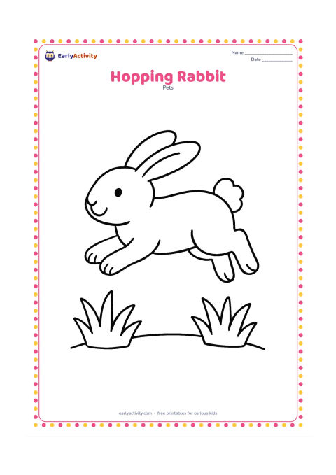 Colouring page: A rabbit leaps from left to right with all four paws lifted, ears pointing backward and its fluffy tail raised. Add two large grass tufts beneath it and a simple curved ground line.