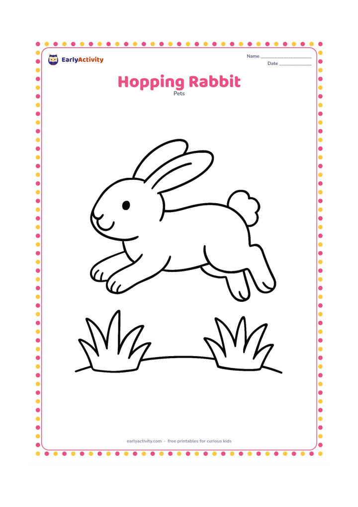 Colouring page: A rabbit leaps from left to right with all four paws lifted, ears pointing backward and its fluffy tail raised. Add two large grass tufts beneath it and a simple curved ground line.