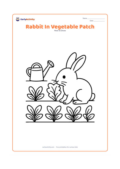 Worksheet: Show a side-view rabbit nibbling a broad leafy vegetable in a small vegetable patch, with rows of leaves, a watering can and a low boundary line. Include clear ears, eye, nose, whiskers,…