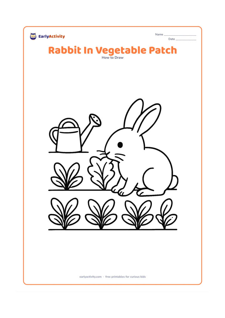 Worksheet: Show a side-view rabbit nibbling a broad leafy vegetable in a small vegetable patch, with rows of leaves, a watering can and a low boundary line. Include clear ears, eye, nose, whiskers,…