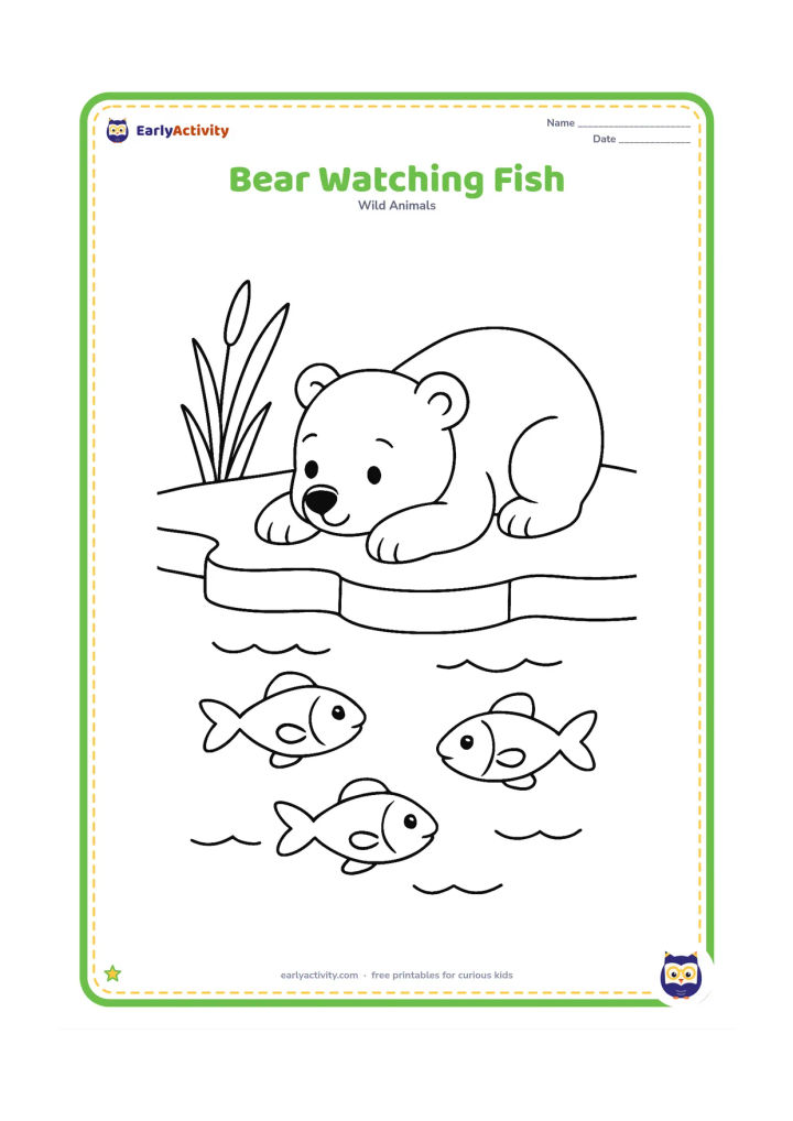 Colouring page: A polar bear lies on its belly at the edge of clear water and watches three fish swimming below, with an ice shelf and reeds at the shoreline.