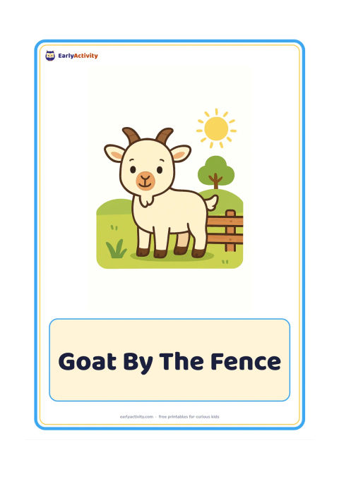 Flashcard: Draw a small friendly goat standing beside a low wooden fence in a sunny village field. Add one tuft of grass and a distant rounded tree.