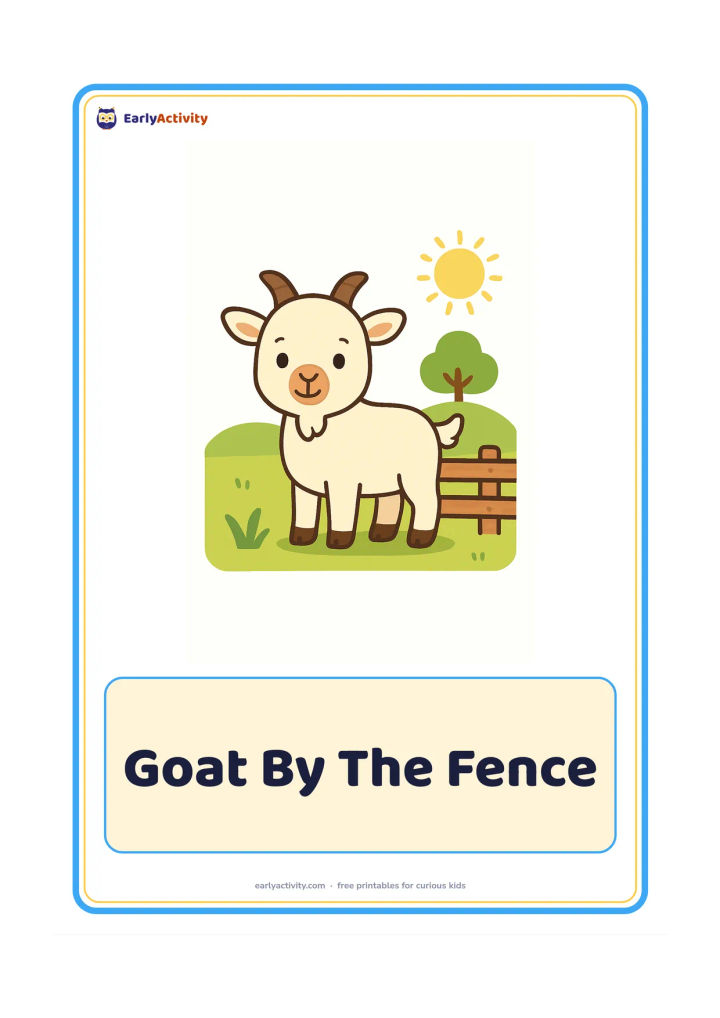 Flashcard: Draw a small friendly goat standing beside a low wooden fence in a sunny village field. Add one tuft of grass and a distant rounded tree.