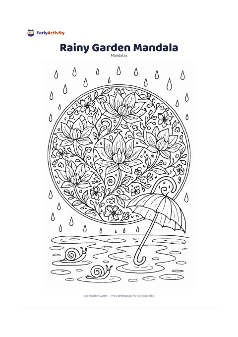 Colouring page: Create a circular floral mandala of rain-laden lotus flowers, leaves, vines and small blossoms, with curved raindrops arranged around the rings. Add an umbrella leaning beside a garden…