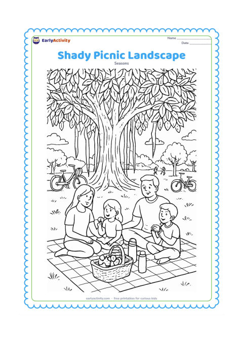 Colouring page: Draw a family picnic beneath a large banyan tree in a park during a bright afternoon. Include a patterned picnic cloth, fruit basket, thermos, water bottle, bicycles, distant walkers,…