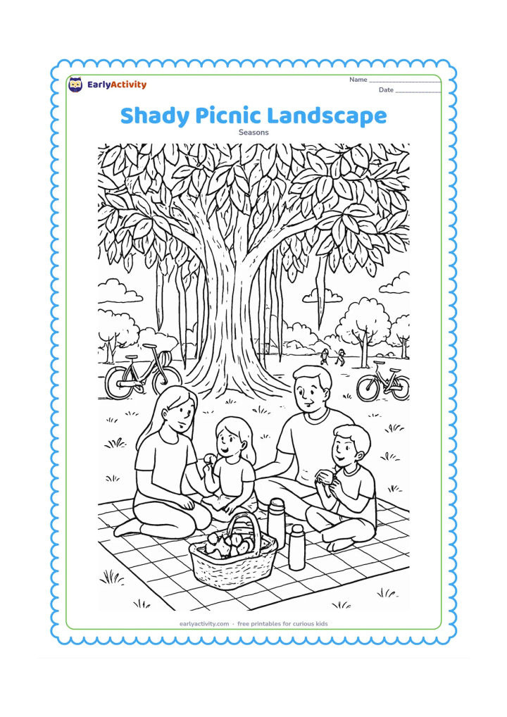 Colouring page: Draw a family picnic beneath a large banyan tree in a park during a bright afternoon. Include a patterned picnic cloth, fruit basket, thermos, water bottle, bicycles, distant walkers,…