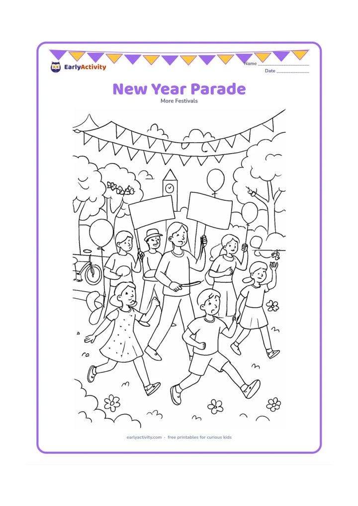 Colouring page: Children and adults march along a decorated street carrying blank flags, drums and balloons, with dancers in different poses. Include bunting, flower garlands, bicycles, trees and a…
