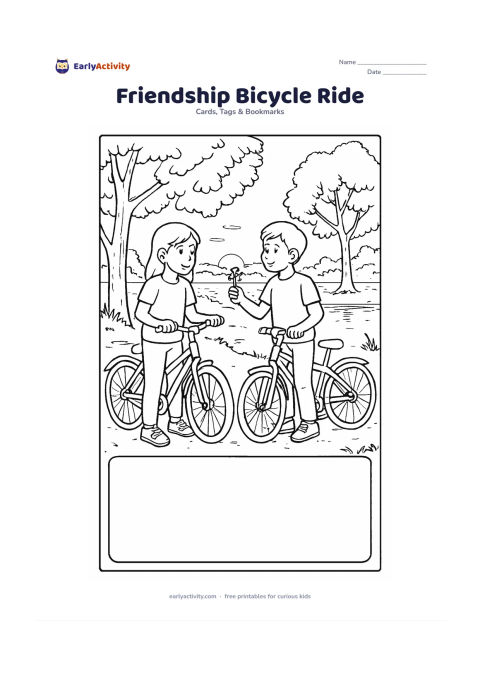 Worksheet: Two older children pause beside bicycles on a tree-lined path as one child offers the other a small flower, with late-afternoon light, a pond and distant buildings in the background. Add…