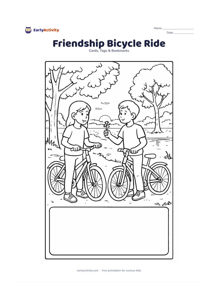 Worksheet: Two older children pause beside bicycles on a tree-lined path as one child offers the other a small flower, with late-afternoon light, a pond and distant buildings in the background. Add…
