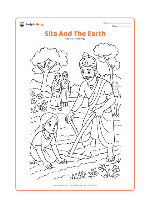 Colouring page: Sita is shown as a child being discovered by King Janaka while he prepares the earth for a ceremony, with a plough, furrowed ground, trees, flowers, and attendants in the background.