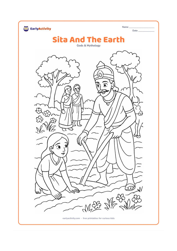 Colouring page: Sita is shown as a child being discovered by King Janaka while he prepares the earth for a ceremony, with a plough, furrowed ground, trees, flowers, and attendants in the background.