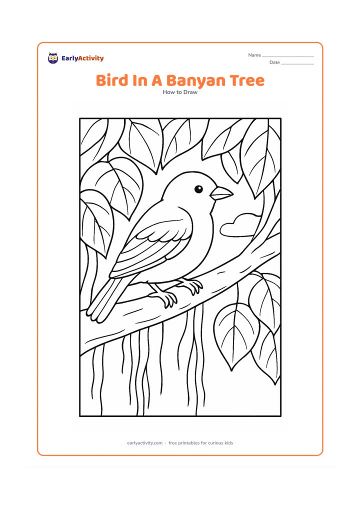 Worksheet: A bird rests on a thick banyan branch surrounded by broad leaves and hanging aerial roots. Include a rounded body, curved beak, overlapping wing feathers, layered tail, gripping feet and…