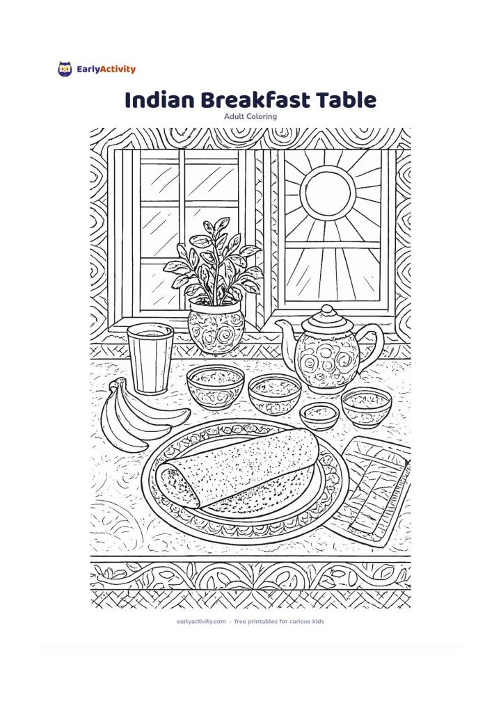 Colouring page: A breakfast table holds a dosa, small bowls, a steel tumbler, a teapot, bananas and a folded cloth, with a sunny window and potted herb behind it. Separate the food textures, tablecloth…