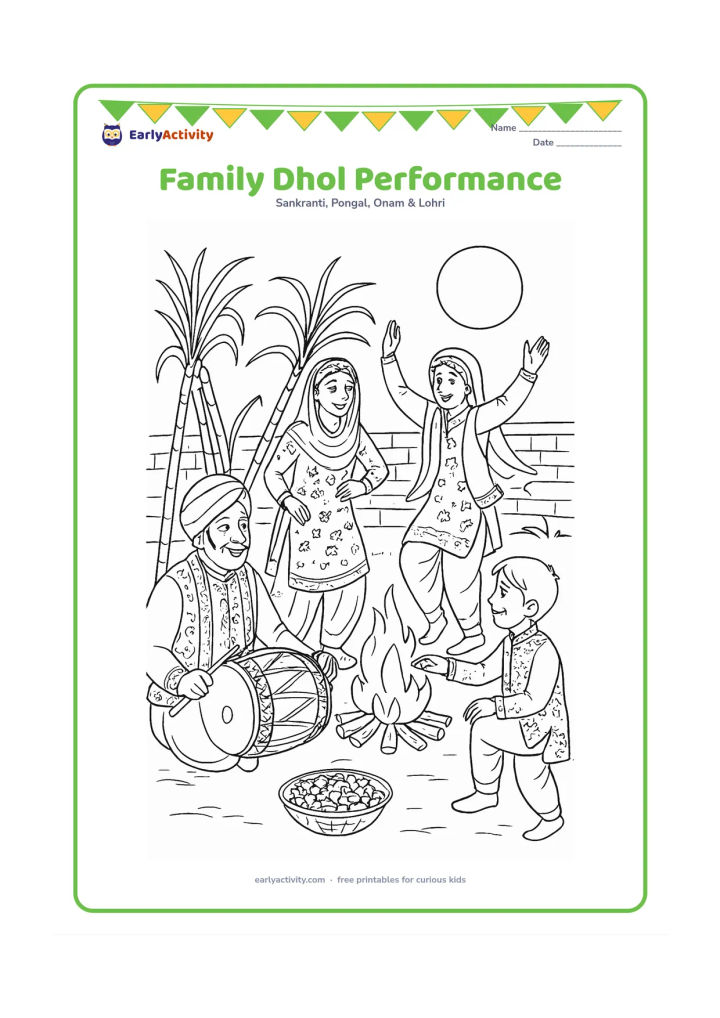 Colouring page: Draw three generations performing together near a bonfire: one person plays a decorated dhol, two people dance and another offers peanuts to a child. Add detailed Punjabi clothing…