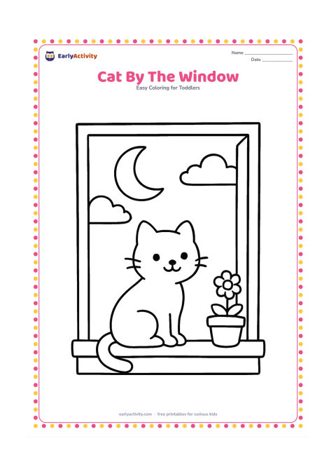 Colouring page: Draw a sitting cat looking through a large open window at a crescent moon and two clouds. Include a broad windowsill and one round flowerpot.