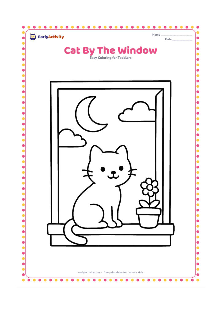 Colouring page: Draw a sitting cat looking through a large open window at a crescent moon and two clouds. Include a broad windowsill and one round flowerpot.