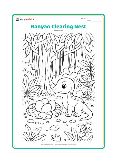 Colouring page: Draw a baby dinosaur guarding a nest in a broad clearing beneath a banyan-like tree with hanging roots. Add large leaves, seed pods, pebbles, a footprint trail and layered forest plants.