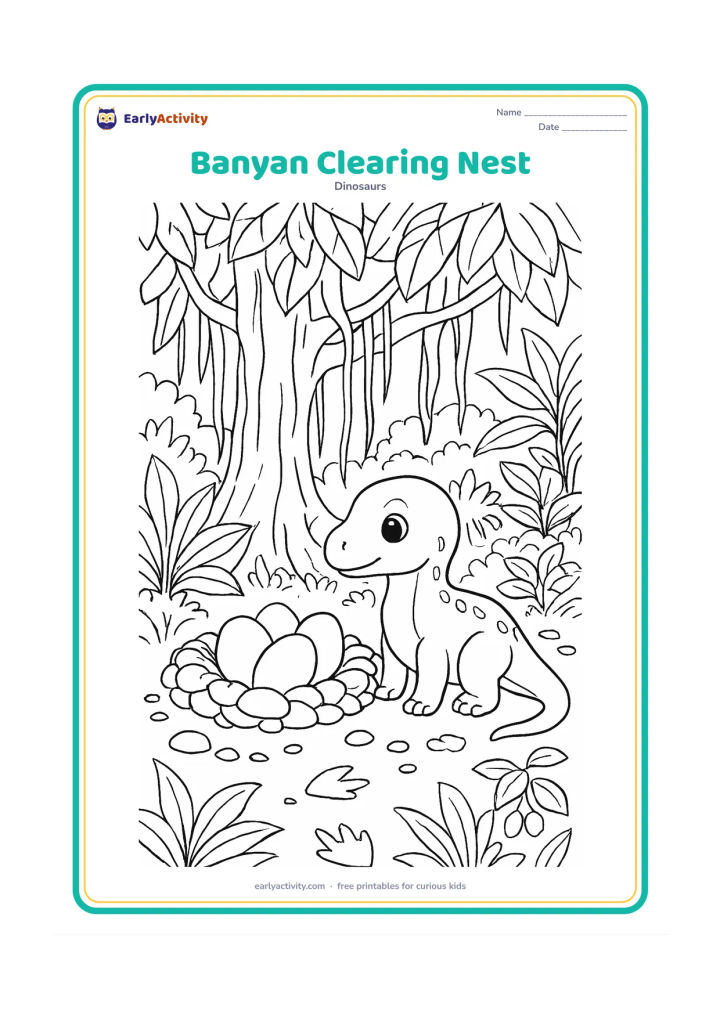 Colouring page: Draw a baby dinosaur guarding a nest in a broad clearing beneath a banyan-like tree with hanging roots. Add large leaves, seed pods, pebbles, a footprint trail and layered forest plants.