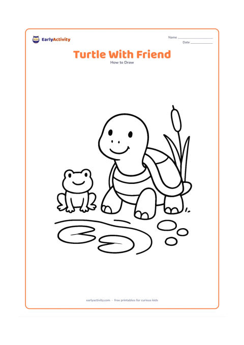 Worksheet: Draw a large friendly turtle sitting beside a small frog near a pond edge. Include two lily pads, one cattail and a few round stones, with both animals facing the viewer.