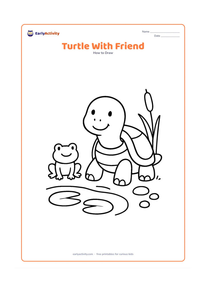 Worksheet: Draw a large friendly turtle sitting beside a small frog near a pond edge. Include two lily pads, one cattail and a few round stones, with both animals facing the viewer.