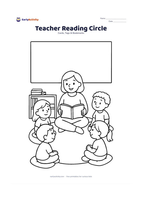 Worksheet: A teacher sits on a floor mat reading an open picture book to four children in a circle, with cushions, a low bookshelf and a wide blank panel above the group. The book pages must…