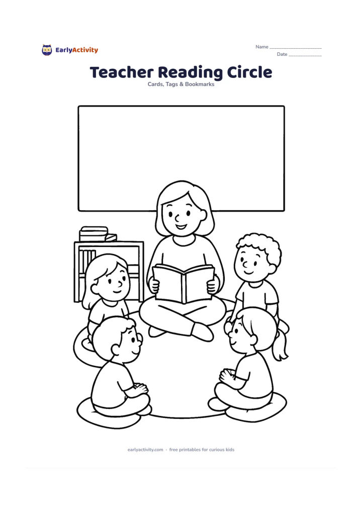 Worksheet: A teacher sits on a floor mat reading an open picture book to four children in a circle, with cushions, a low bookshelf and a wide blank panel above the group. The book pages must…