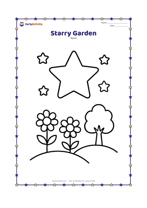 Colouring page: A large star hangs above a simple garden with two flowers, a low hill and a small tree. Add a few large stars in the sky.