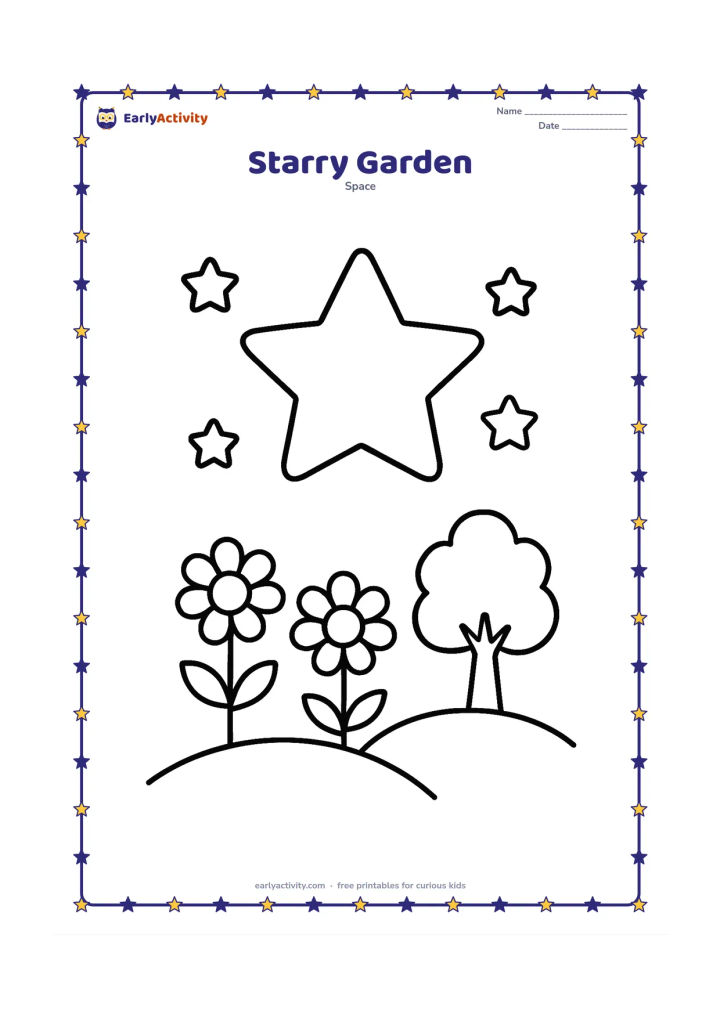 Colouring page: A large star hangs above a simple garden with two flowers, a low hill and a small tree. Add a few large stars in the sky.