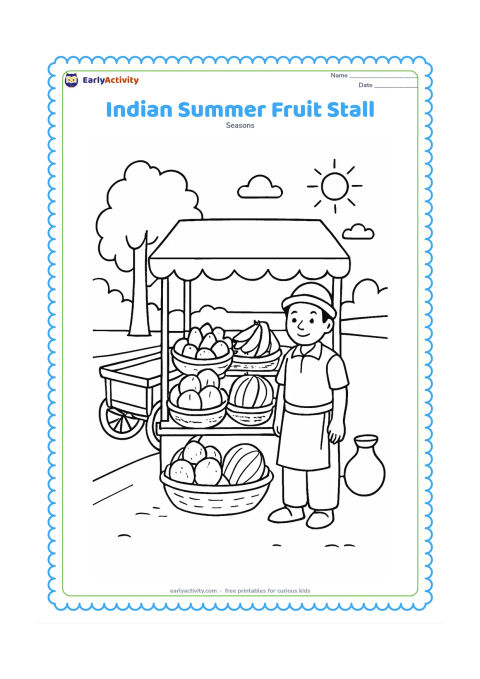 Colouring page: A vendor stands beside a shaded roadside stall stacked with mangoes, bananas, coconuts and watermelons in baskets. Add a handcart, a tree, a water pot and a simple sunny street…