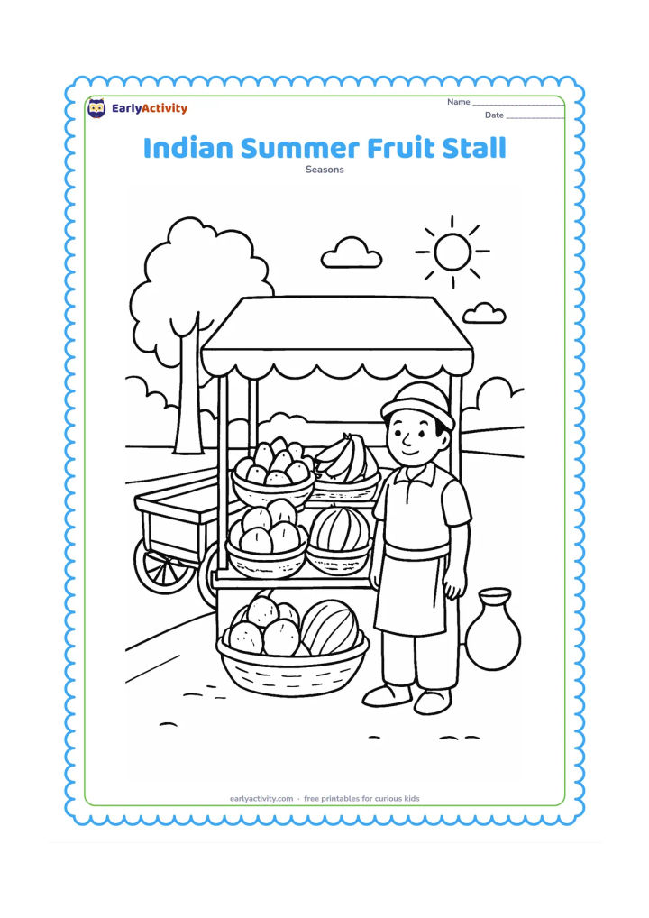 Colouring page: A vendor stands beside a shaded roadside stall stacked with mangoes, bananas, coconuts and watermelons in baskets. Add a handcart, a tree, a water pot and a simple sunny street…
