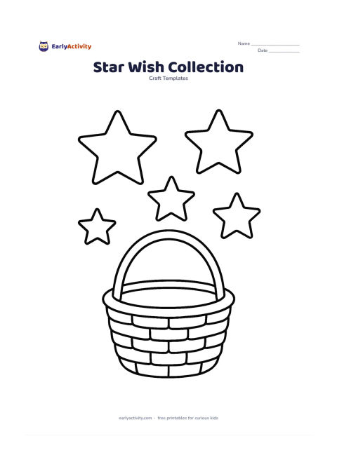 Worksheet: Arrange six blank star-shaped cards in different sizes around a small open basket, as if ready for children to write wishes or goals after printing. Include no text inside the stars or…