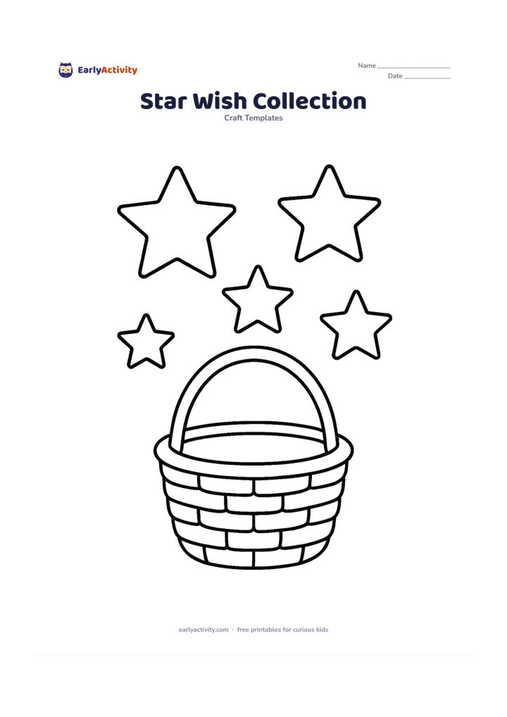 Worksheet: Arrange six blank star-shaped cards in different sizes around a small open basket, as if ready for children to write wishes or goals after printing. Include no text inside the stars or…