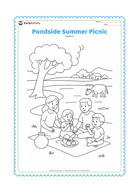 Colouring page: A family rests beside a village pond under a broad tree, with children eating fruit on a mat, a clay water pot, lotus leaves and a buffalo far across the water.
