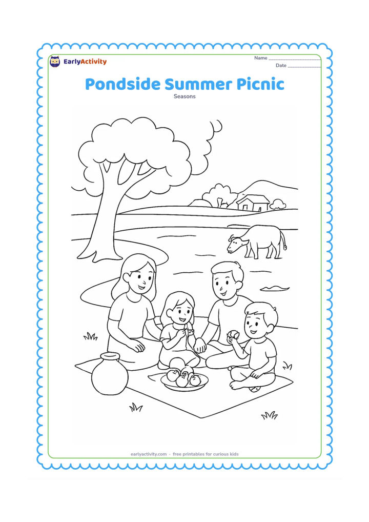 Colouring page: A family rests beside a village pond under a broad tree, with children eating fruit on a mat, a clay water pot, lotus leaves and a buffalo far across the water.