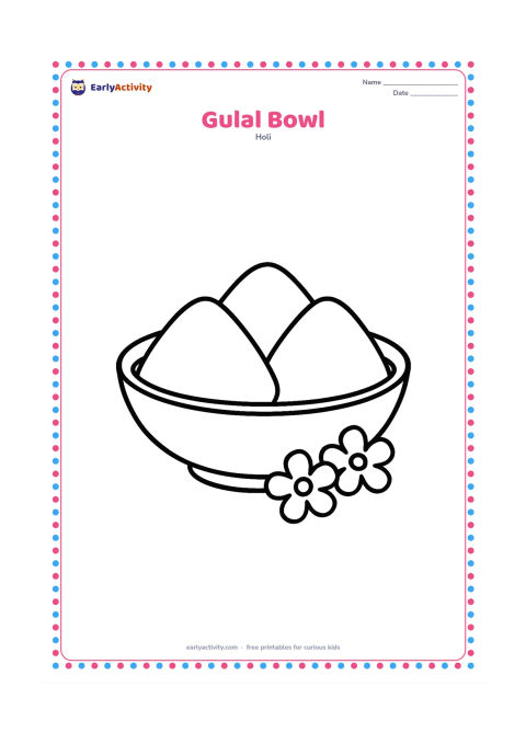 Colouring page: A large shallow bowl filled with three rounded piles of gulal, with a few flower petals beside it. Center the bowl with wide open spaces for easy colouring.