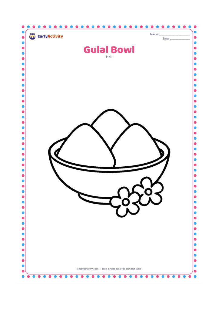 Colouring page: A large shallow bowl filled with three rounded piles of gulal, with a few flower petals beside it. Center the bowl with wide open spaces for easy colouring.