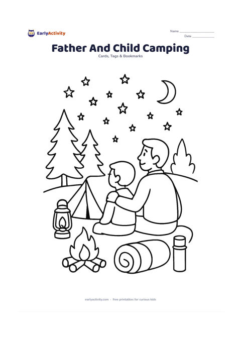 Worksheet: Draw a father and child sitting outside a small tent beside a safe lantern and a campfire ring, looking at a starry evening sky. Add trees, a sleeping bag and a thermos, with no labels…