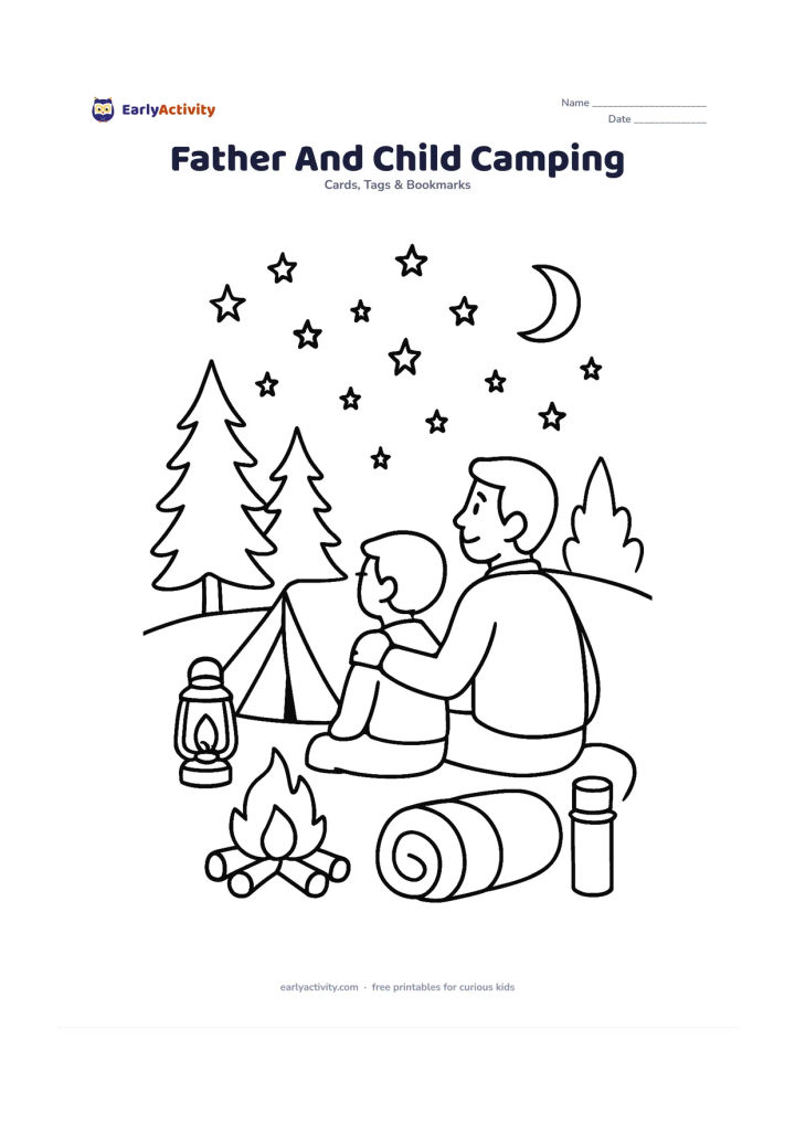 Worksheet: Draw a father and child sitting outside a small tent beside a safe lantern and a campfire ring, looking at a starry evening sky. Add trees, a sleeping bag and a thermos, with no labels…