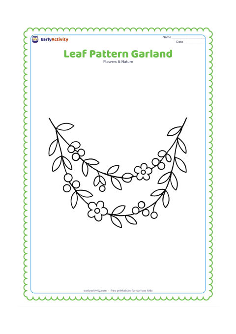 Colouring page: A curved garland stretches across the page with alternating outlined leaves, berries and small flowers, hanging between two simple branches.