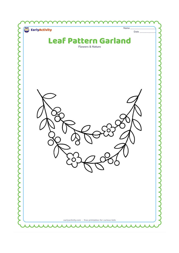 Colouring page: A curved garland stretches across the page with alternating outlined leaves, berries and small flowers, hanging between two simple branches.