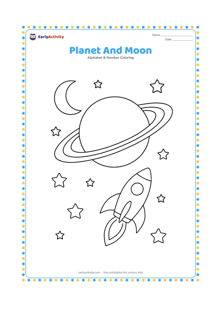 Colouring page: Draw a large ringed planet in space with a crescent moon, small stars and a rocket-shaped spacecraft viewed from behind. Use only plain celestial shapes with no markings.