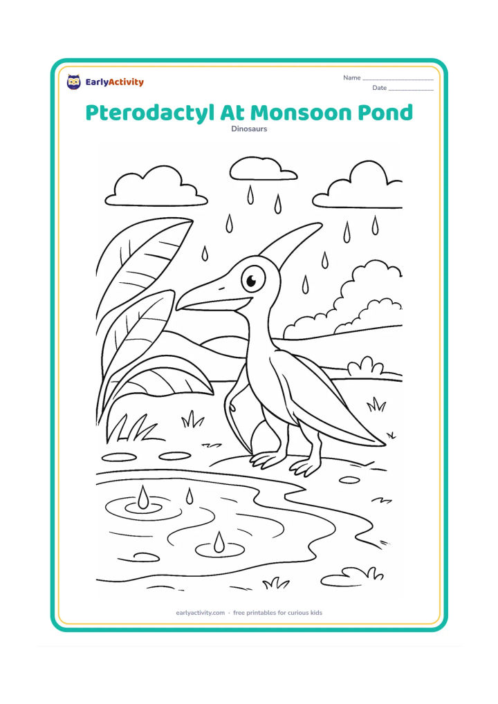 Colouring page: Draw a pterodactyl standing at the edge of a rain-filled pond in an Indian-inspired landscape, with broad banana-like leaves, puddles and a distant line of rounded trees.