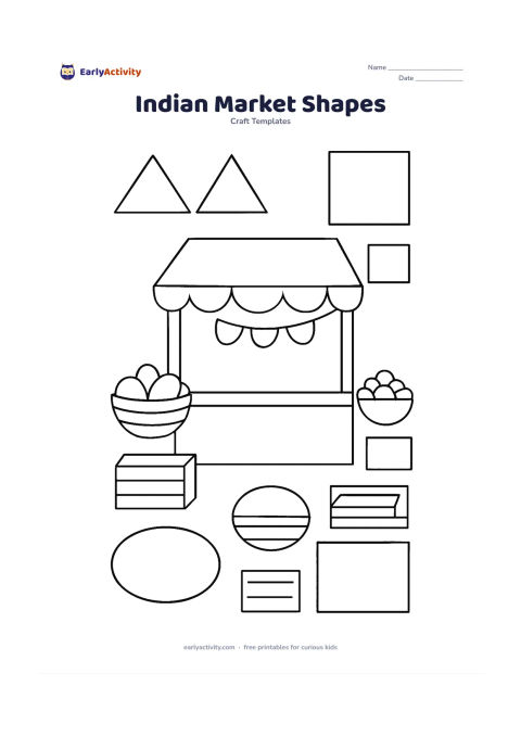 Worksheet: Create a craft layout for a lively Indian market stall using separate geometric outlines: rectangle stall panels, triangle canopy pieces, circle baskets, oval fruit, square crates and…
