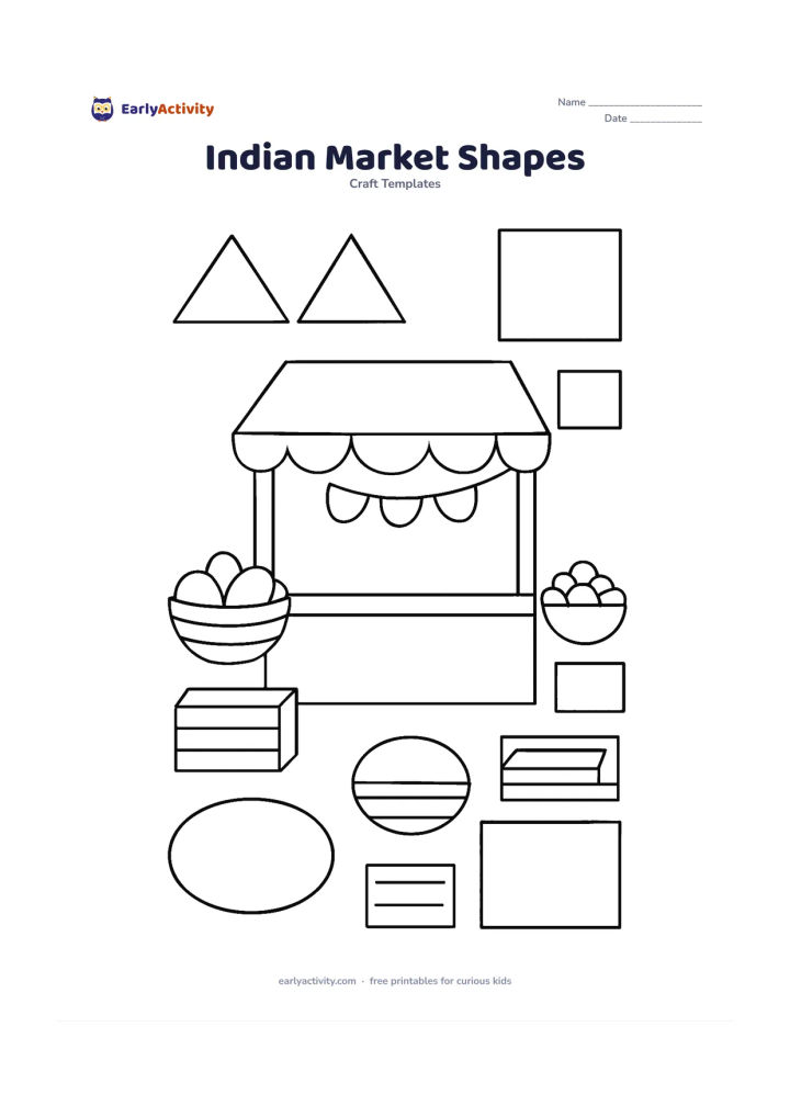 Worksheet: Create a craft layout for a lively Indian market stall using separate geometric outlines: rectangle stall panels, triangle canopy pieces, circle baskets, oval fruit, square crates and…