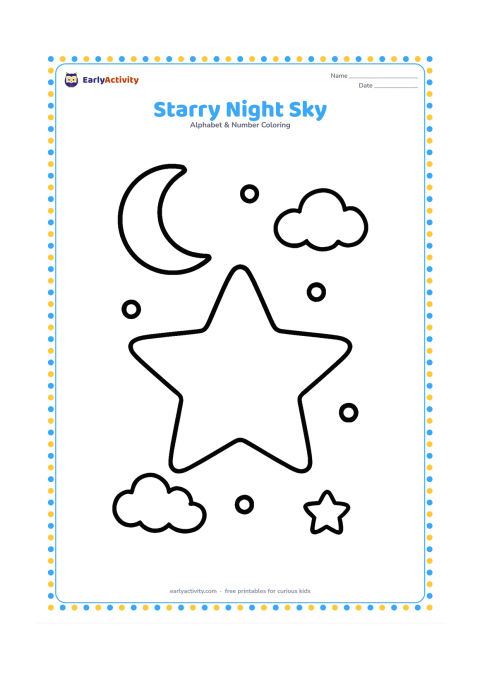 Colouring page: A large five-pointed star sits in a clear night sky with a crescent moon, two small clouds and a few round stars. Arrange the shapes with plenty of empty space and no tiny details or…