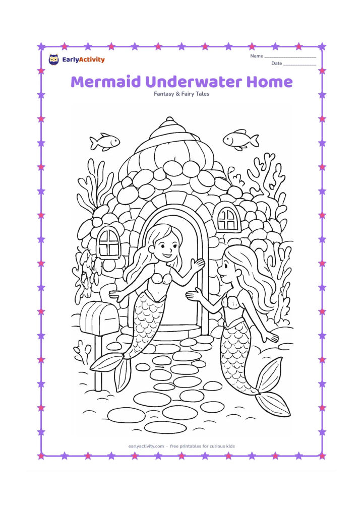 Colouring page: A mermaid welcomes a friend outside an elaborate underwater home built from shells, rounded stones and coral arches. Show a doorway, windows, hanging sea plants, a shell mailbox without…